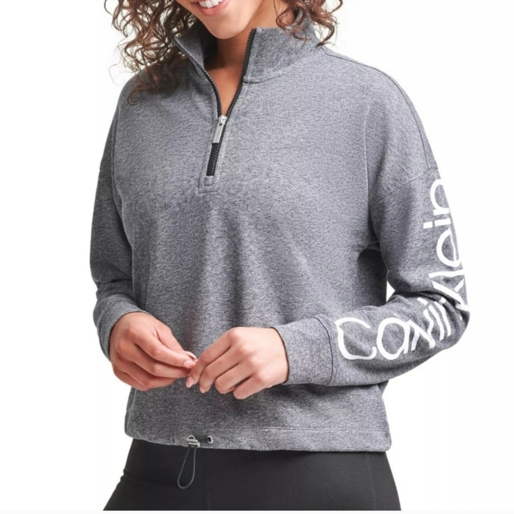 Calvin Klein Women's Gray Cropped Quarter Zip Pullover Sweater - Size S